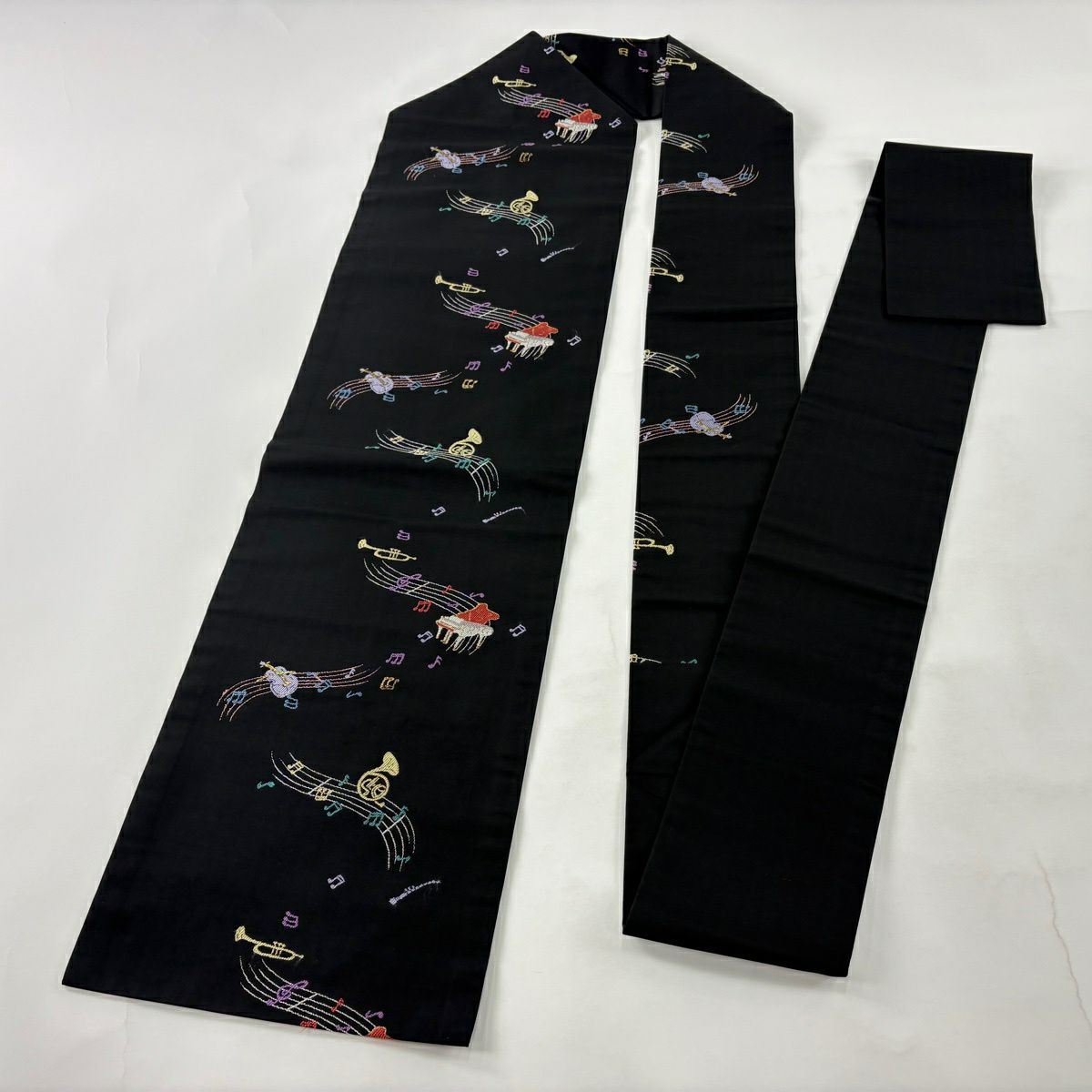 【美品】名古屋帶 逸品級 樂器 音符 金金箔 黑 純蠶絲
