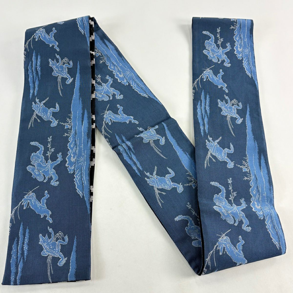 半幅帶 名品級 鳥獸戲畫 青灰 純蠶絲