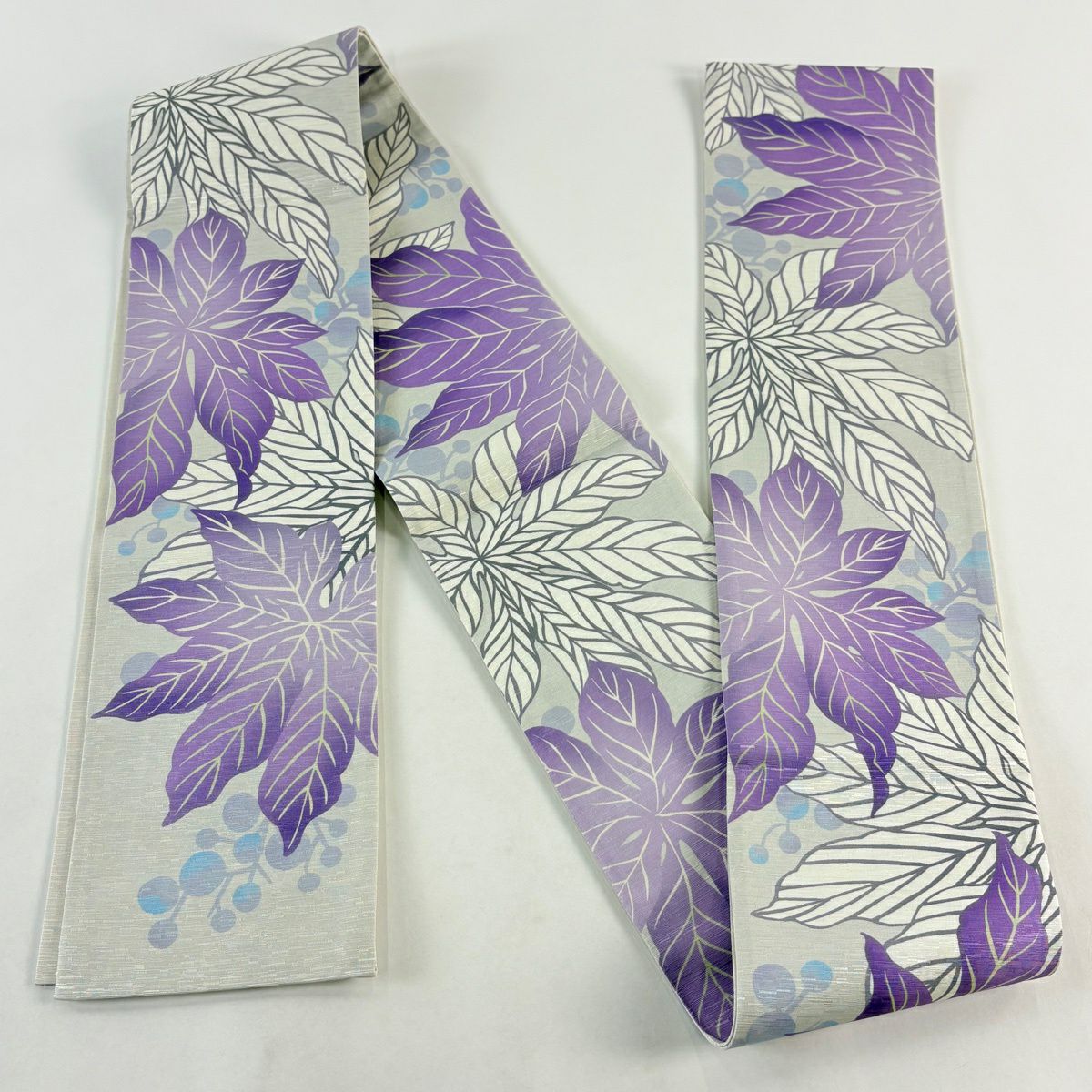 【美品】半幅帶 名品級 葉 實 灰色 純蠶絲