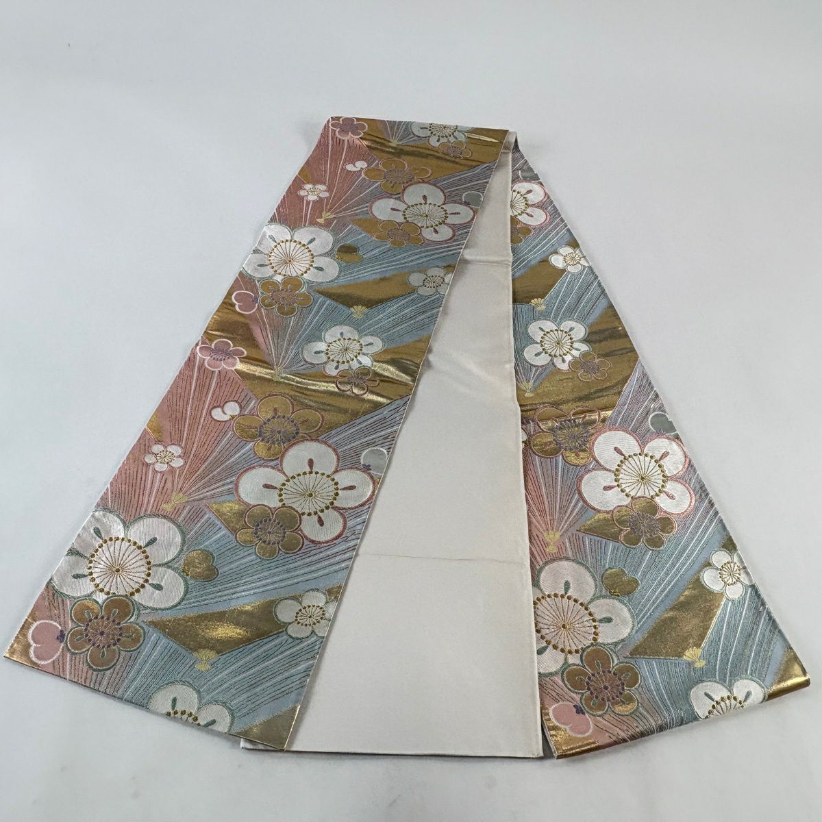 袋帶 秀品級 梅花 若松樹 金金箔 金絲 水色 全通 純蠶絲