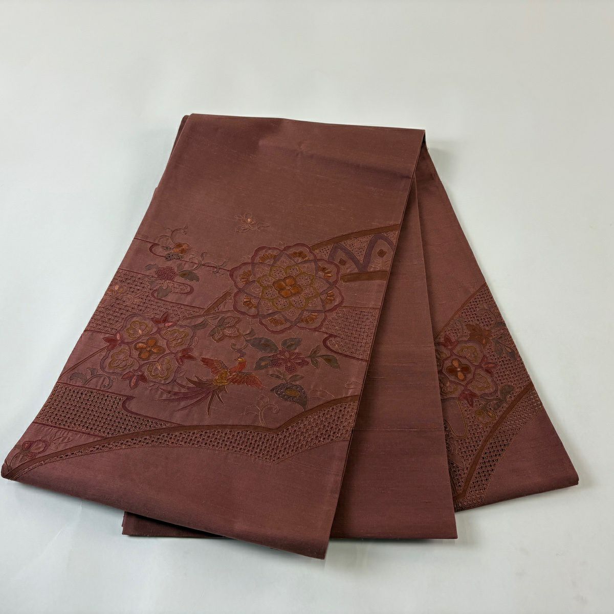 袋帶 秀品級 華紋 鳥 蘇州刺繡 紅茶 お太鼓圖案 純蠶絲