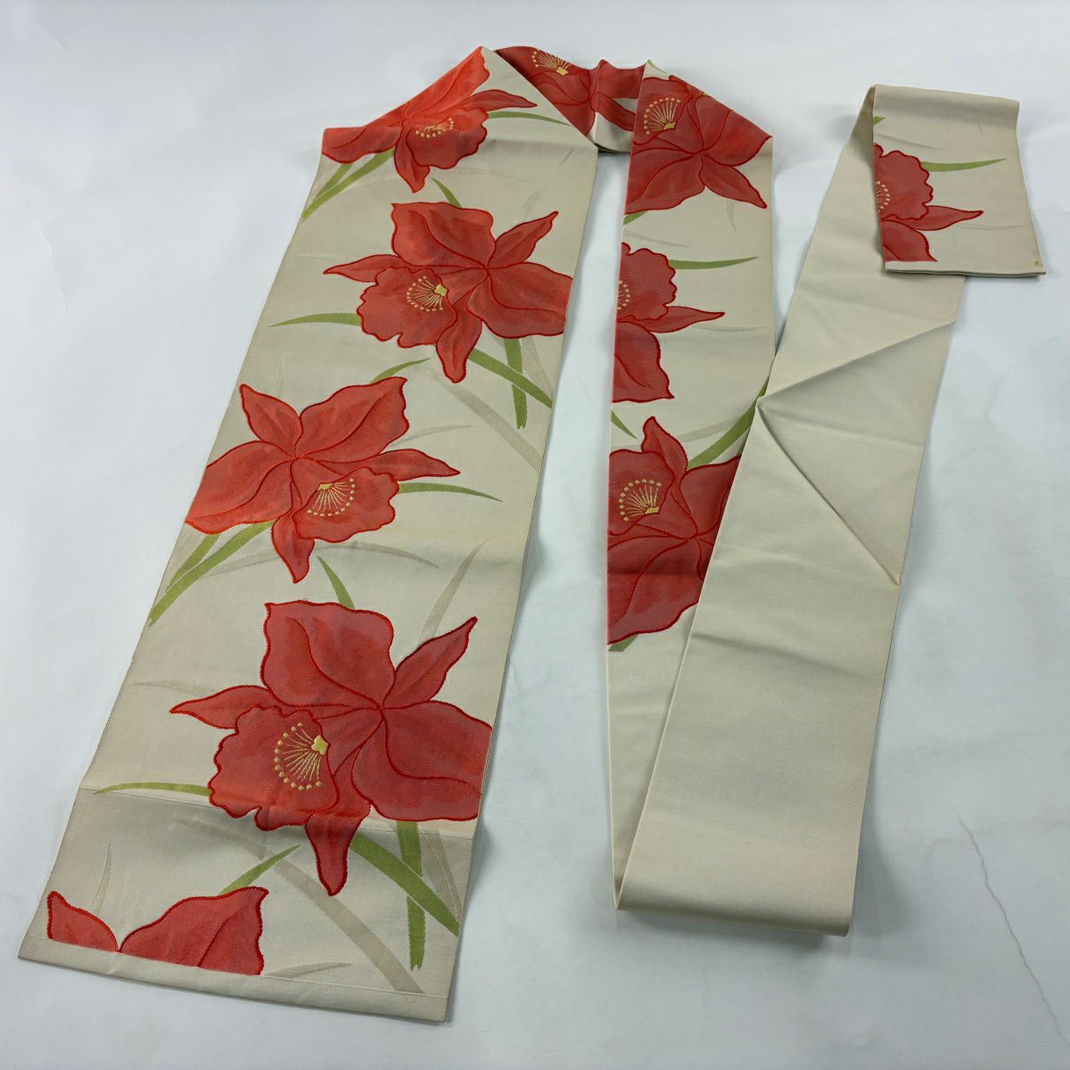 【美品】 名古屋帶 優品級 關西仕立 草花紋 淺米色 純蠶絲
