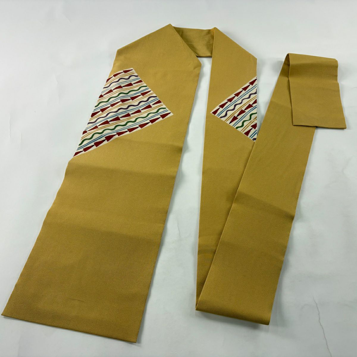 【美品】名古屋帶 優品級 幾何圖案 縮緬 黃土 純蠶絲