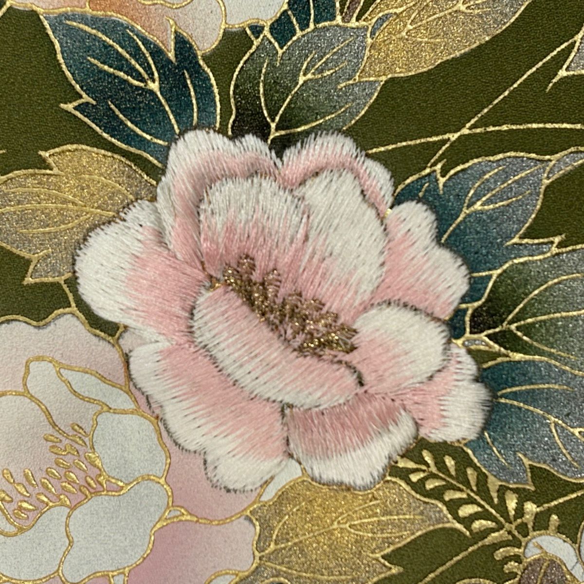 訪問服 身長160.5cm 袖長66.5cm M 雙層 牡丹 櫻花 刺繡 金糸 蓬色 純蠶絲 秀品級