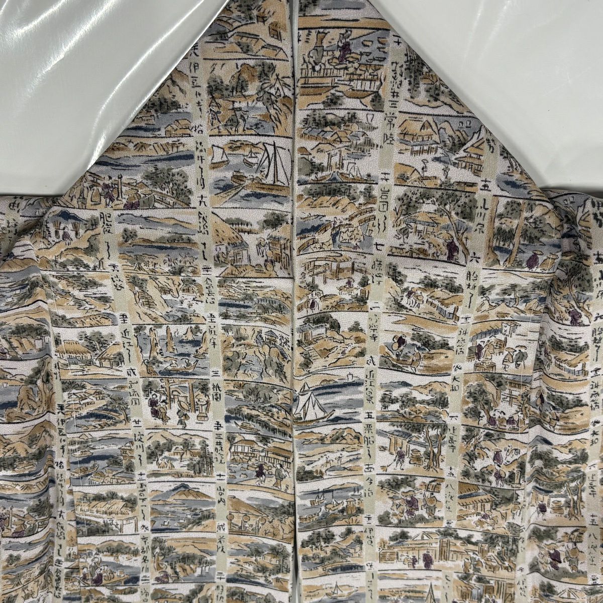 【美品】 小紋 身長156cm 袖長62cm S 雙層 落款あり 風景 灰紫 純蠶絲 秀品級