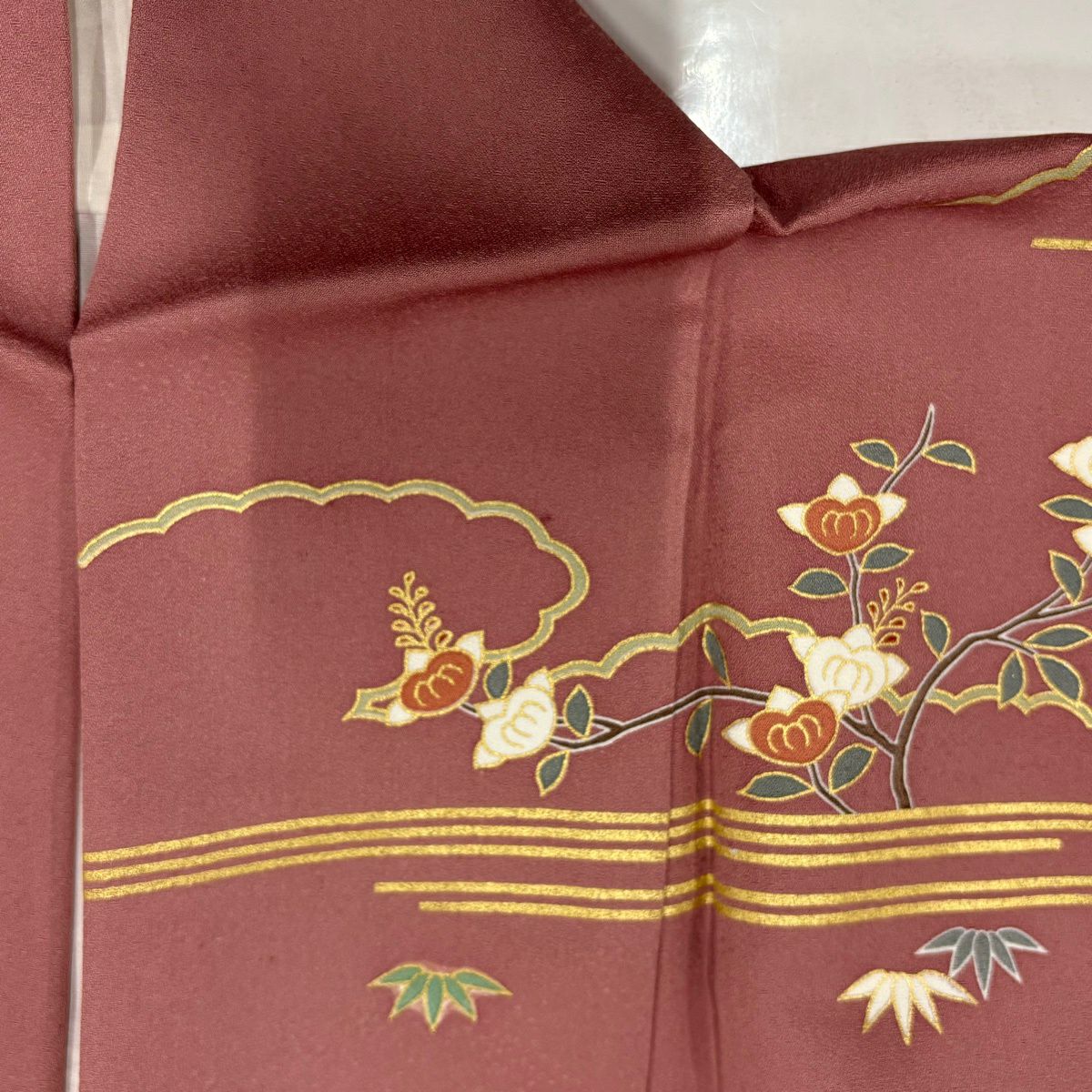 訪問服 身長163cm 袖長65cm M 雙層 扇子 松樹竹子梅花 金絲 金銀彩 小豆 深藍 純蠶絲 秀品級