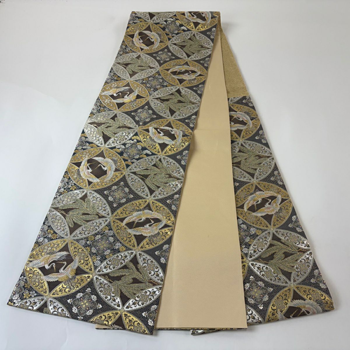 【美品】 袋帶 秀品級 向仙鶴 七寶紋 金金箔 金絲 茶 六通 純蠶絲