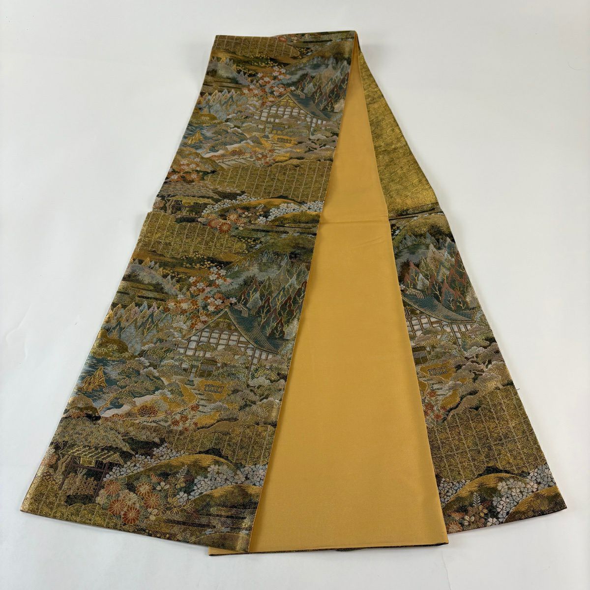 【美品】 袋帶 秀品級 風景 樹木 金絲 金金箔 金色 六通 純蠶絲