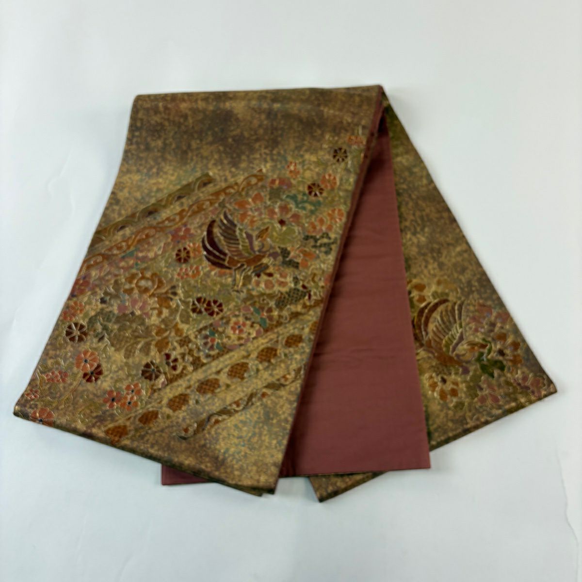 【美品】 袋帶 秀品級 花鳥 刺繡 金線 紅茶 お太鼓圖案 純蠶絲
