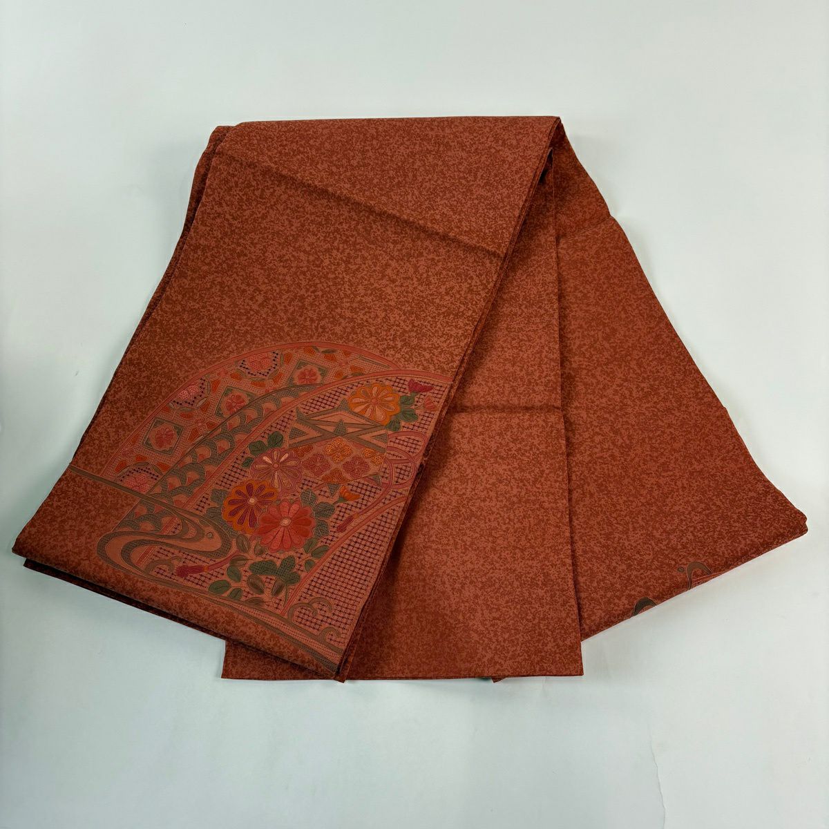 【美品】 袋帶 秀品級 線卷 菊花花 刺繡 紅茶 お太鼓圖案 純蠶絲