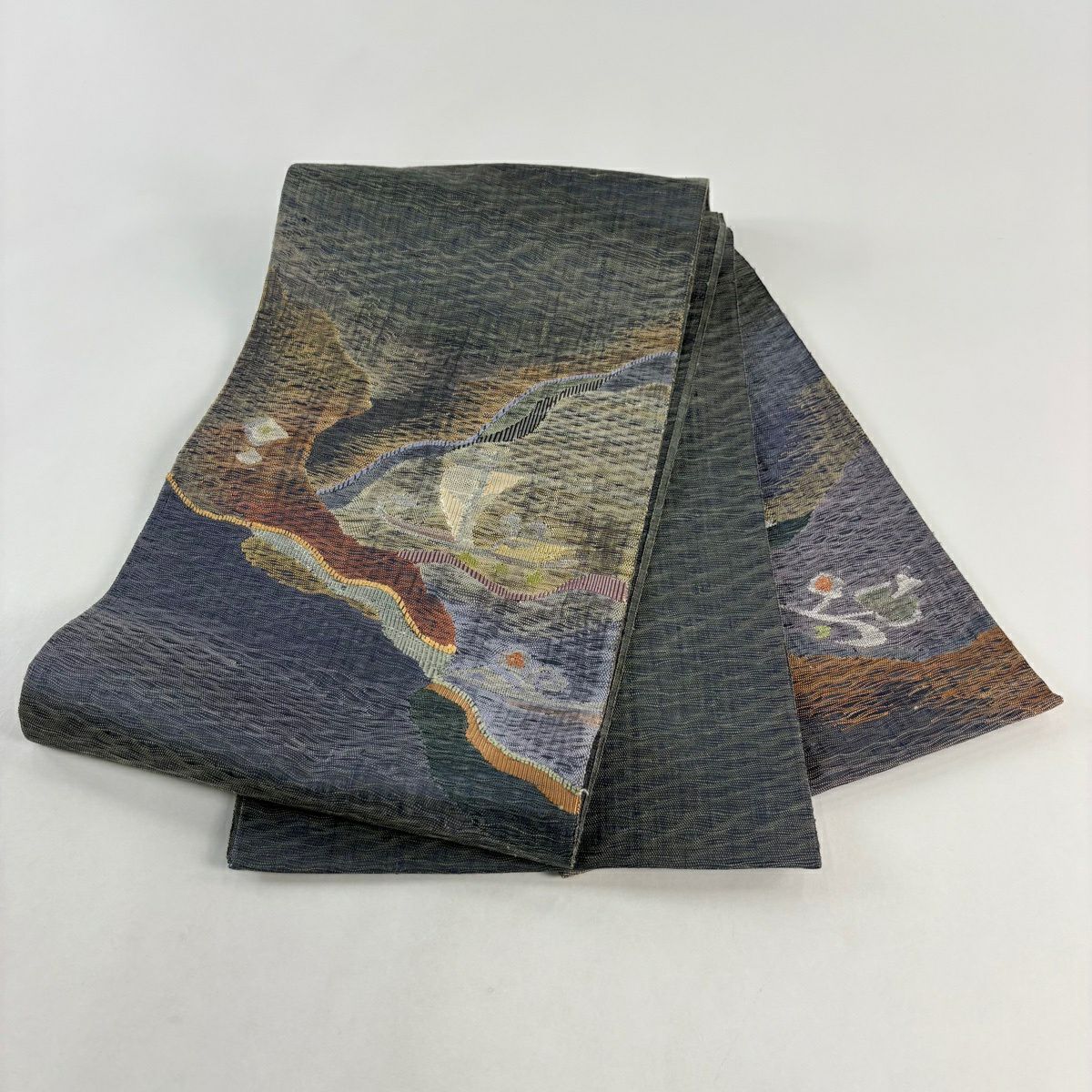 【美品】 袋帶 秀品級 舟 幾何學 金絲 青灰 深藍色 正蠶絲