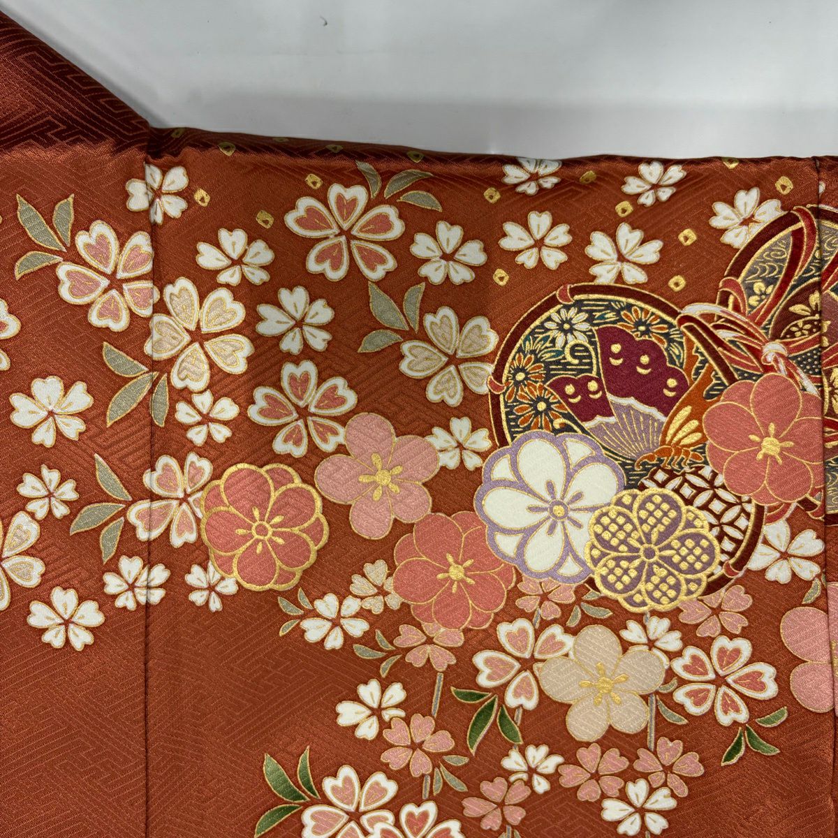 【美品】振袖禮服 身長155cm 袖長64cm M 雙層 鼓 蝶 金絲 金銀彩 紅茶 純蠶絲 秀品級