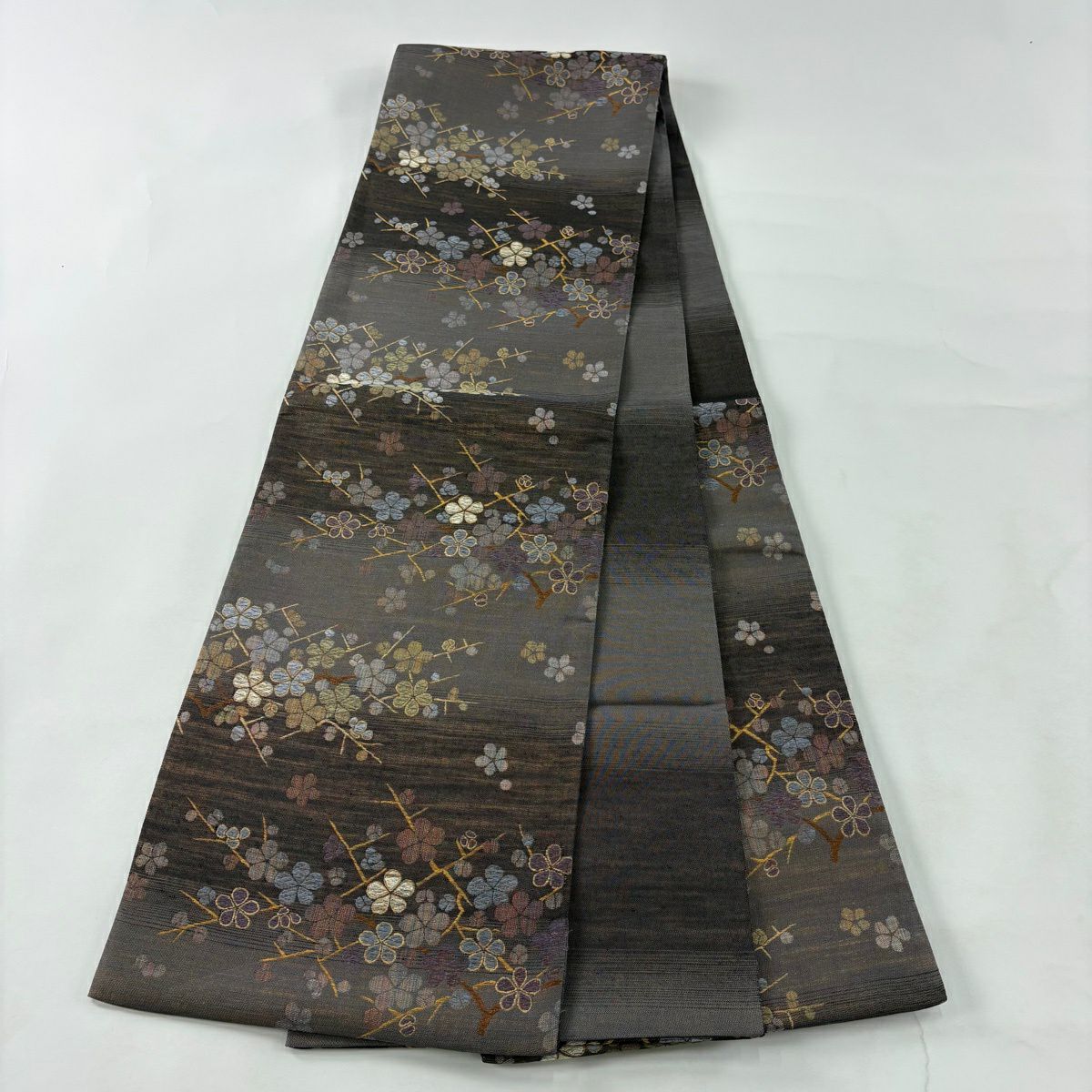 【美品】 袋帶 秀品級 枝梅花 金絲 灰茶 六通 純蠶絲