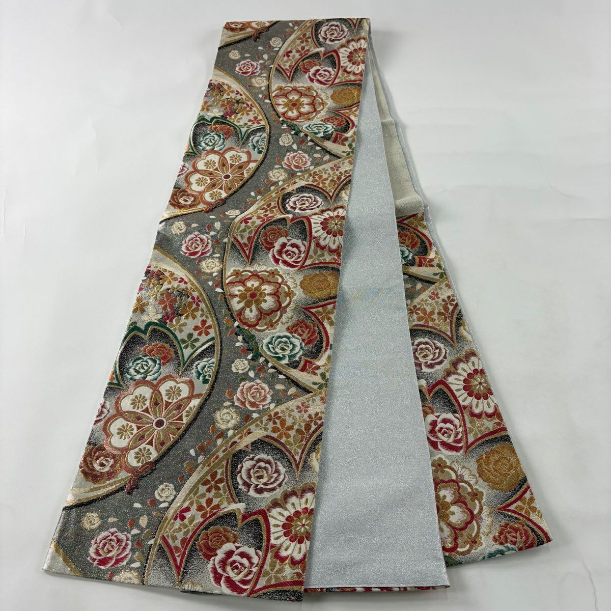 【美品】 袋帶 秀品級 鑽石的光輝 櫻花 玫瑰 金絲 金金箔 銀色 六通 純蠶絲