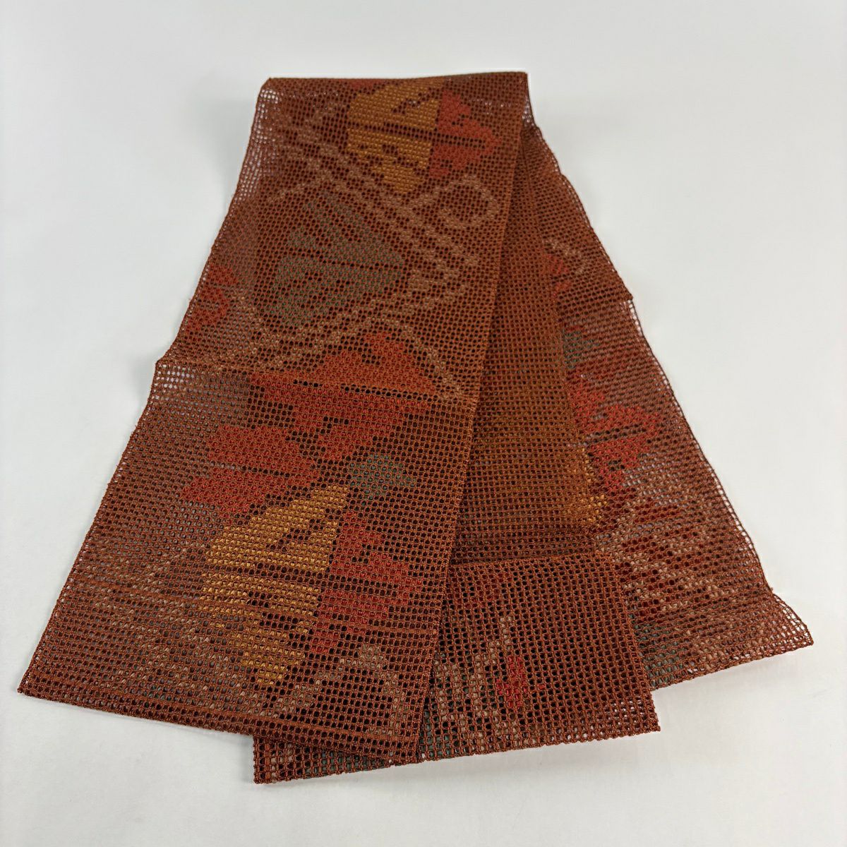 【美品】名古屋帶 優品級 夏帶 羅 八寸名古屋帶 松樹葉仕立 雜花紋 紅茶 純蠶絲