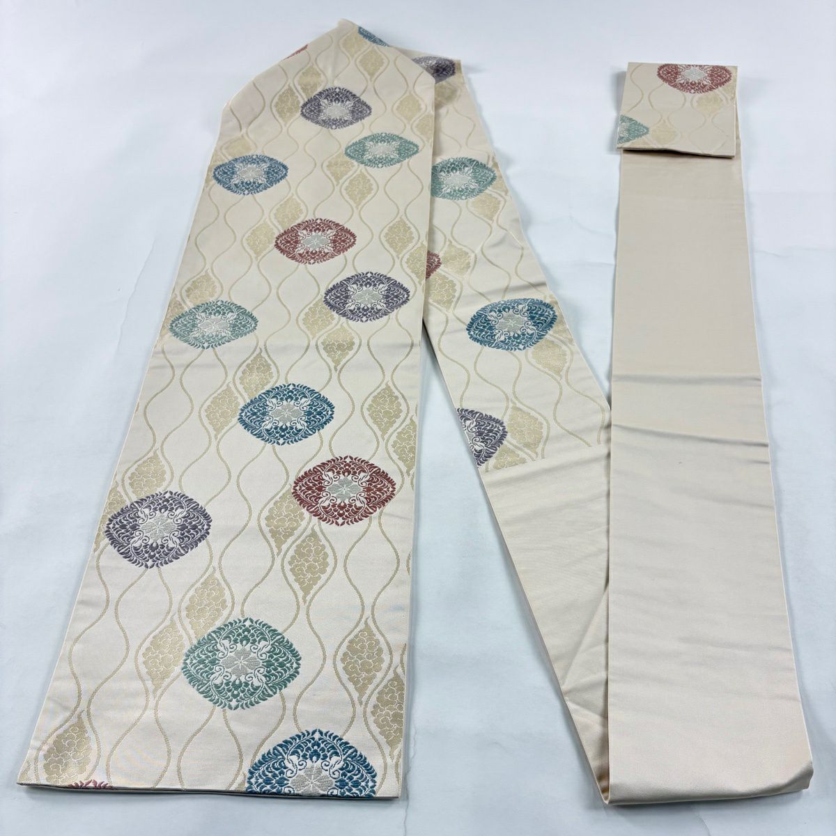 名古屋帶 秀品級 華紋 立涌 刺繡 米色 純蠶絲