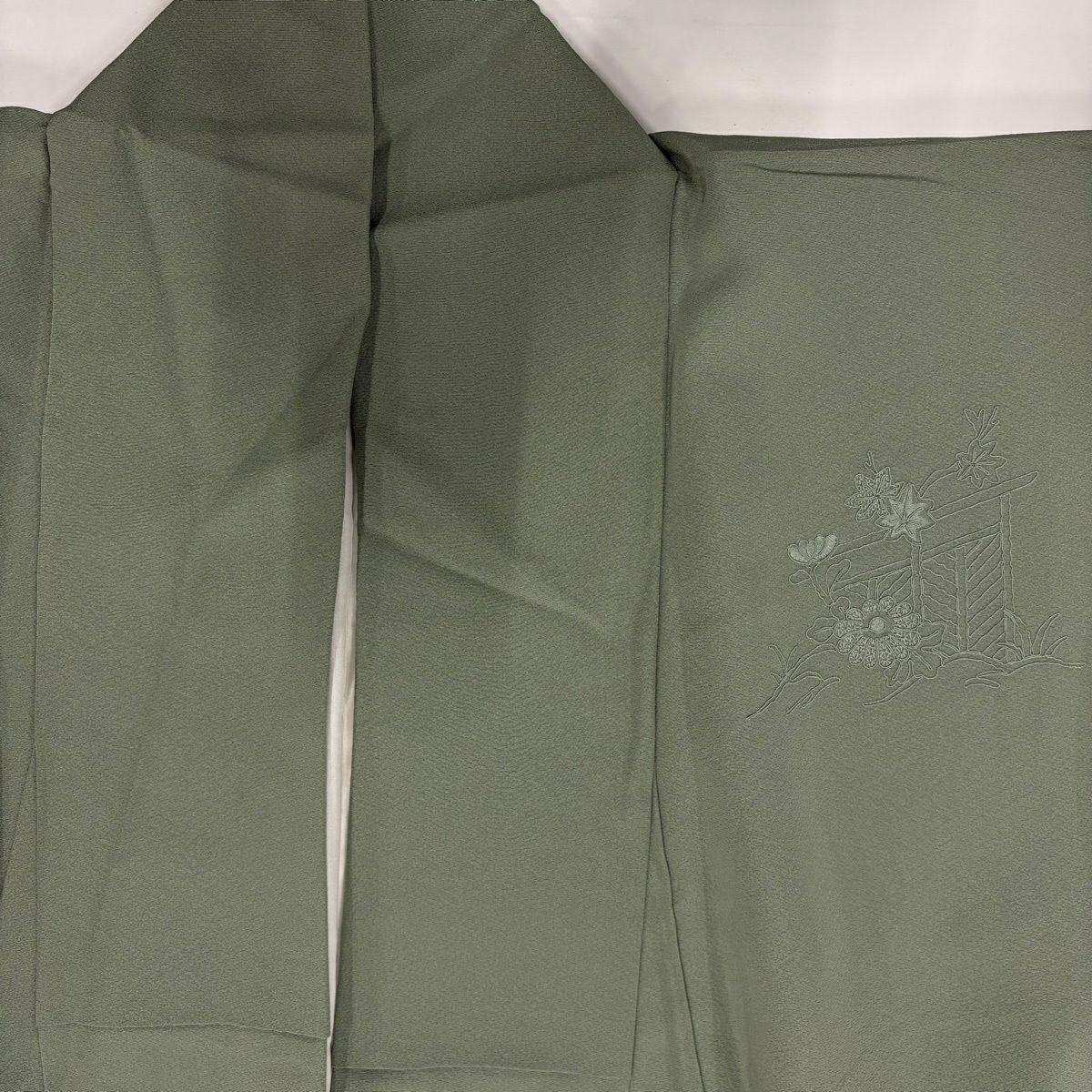 付下 身長153cm 袖長67.5cm L 雙層 御所車 松樹 刺繡 漸層 灰綠 純蠶絲 優品級