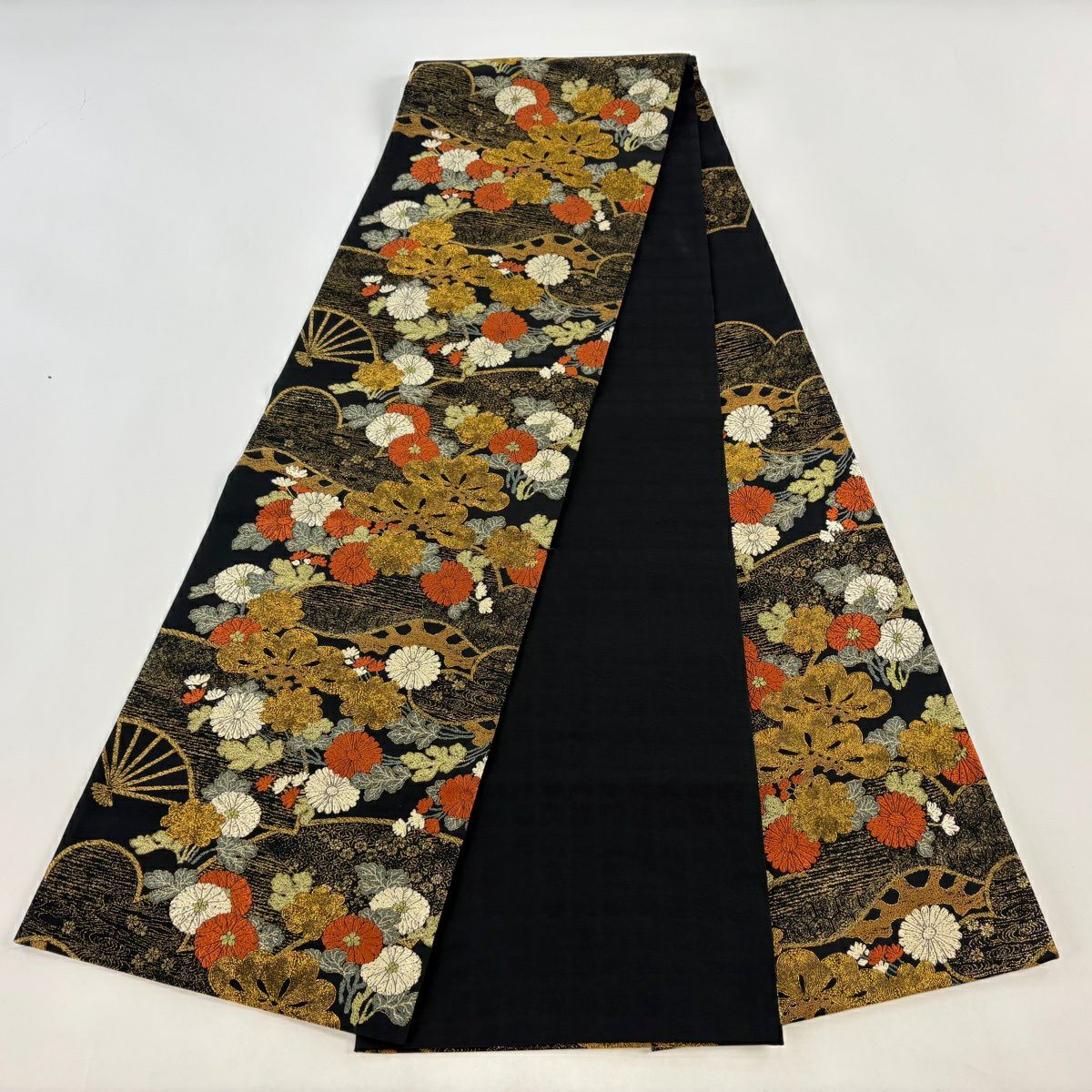 【美品】 袋帶 秀品級 菊花 松樹 金絲 金金箔 黑 六通 純蠶絲
