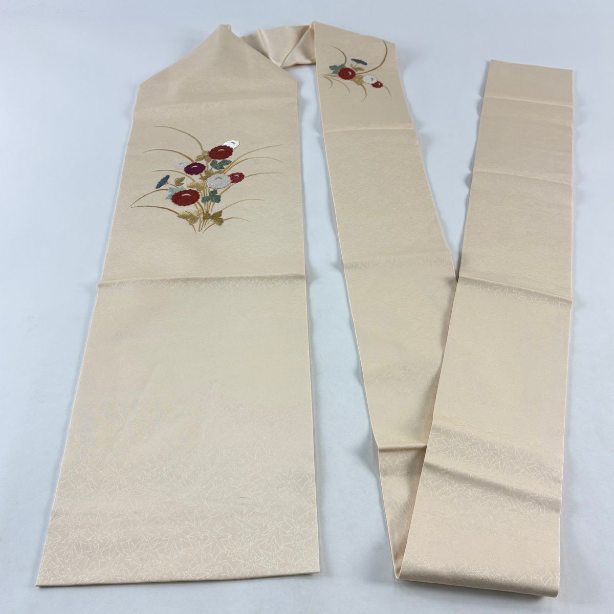 名古屋帶 秀品級 菊花葉紋刺繡 金絲 淺橙色 純蠶絲