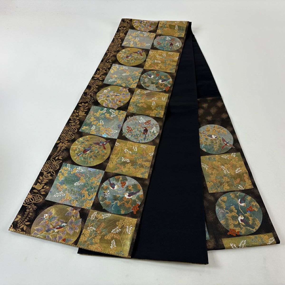 【美品】 袋帶 秀品級 花鳥 唐織 金金箔 金色 大鼓圖案 純蠶絲