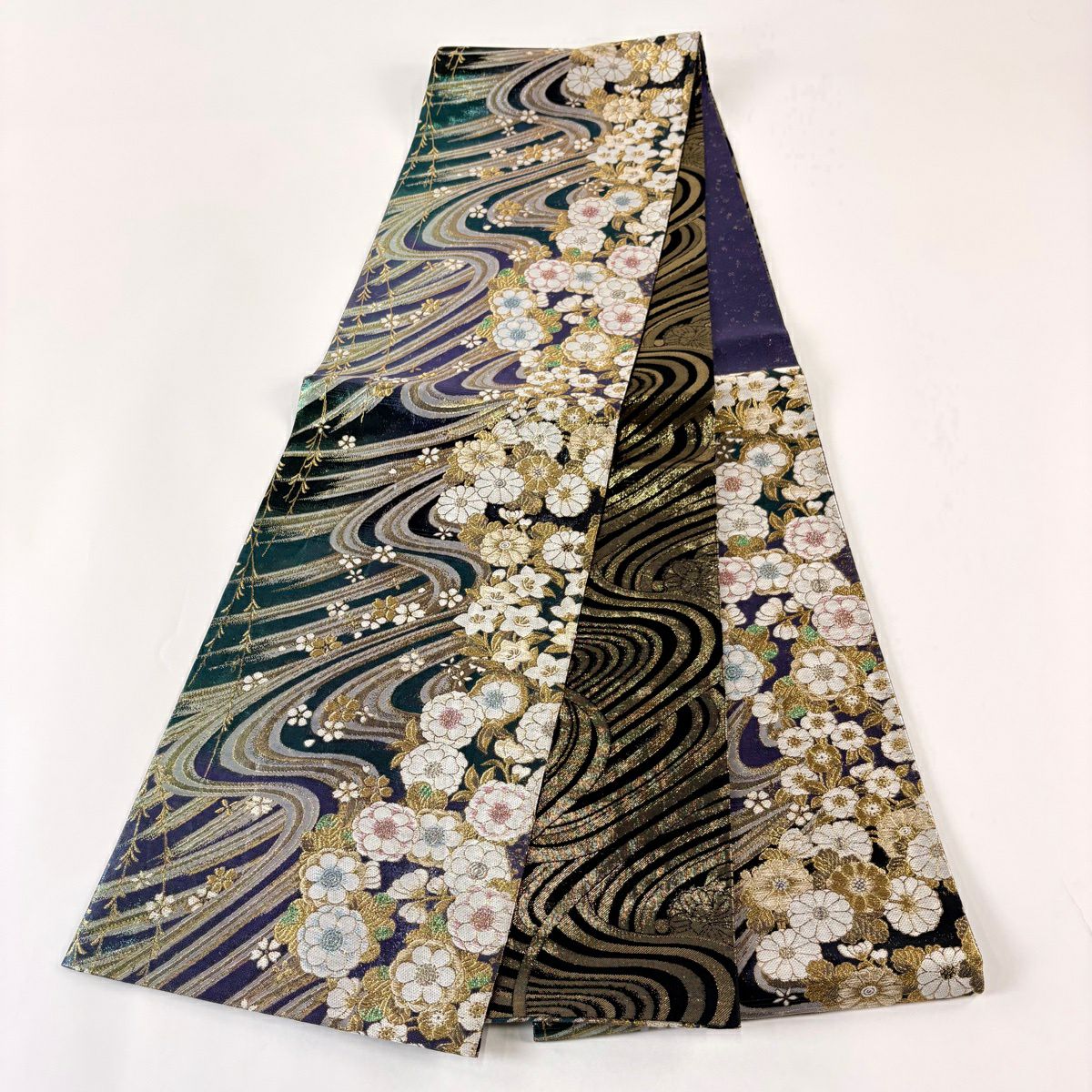 【美品】 袋帶 秀品級 草花紋 流水 金金箔 金絲 青綠 六通 純蠶絲