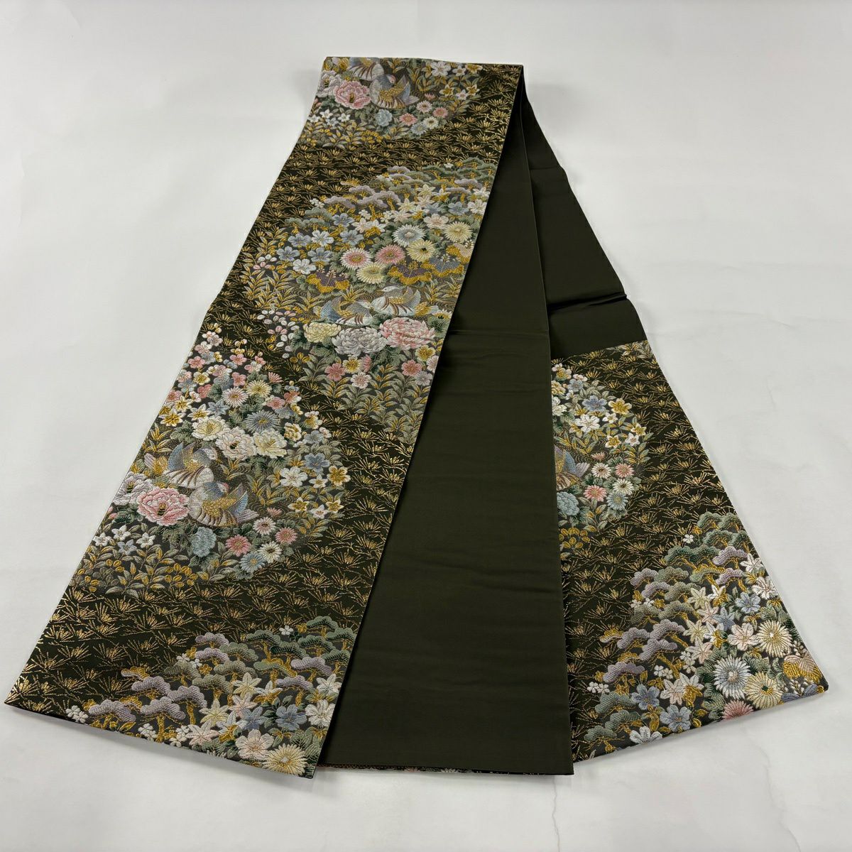 【美品】 袋帶 秀品級 鴛鴦 草花紋 金糸 金金箔 茶綠 六通 純蠶絲