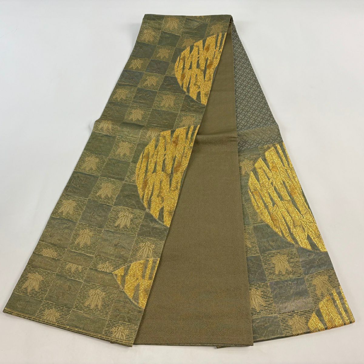 【美品】 袋帶 秀品級 竹子 市松樹 金金箔 金絲 灰綠 六通 純蠶絲