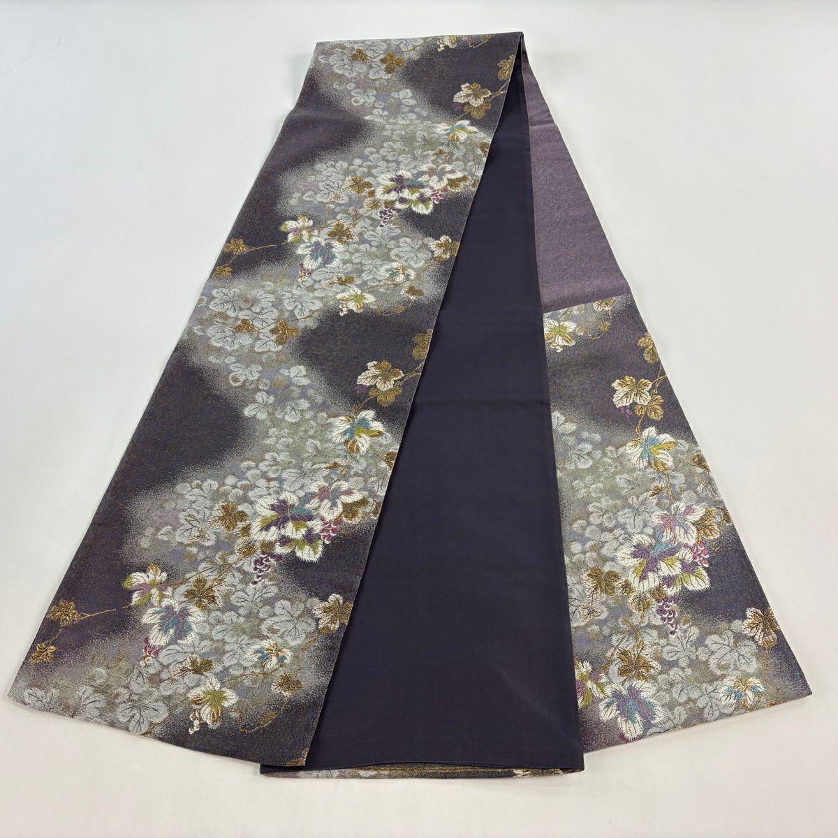 【美品】 袋帶 秀品級 大和 道長取 草花紋 金絲 拉麵金金箔 灰紫 六通 純蠶絲
