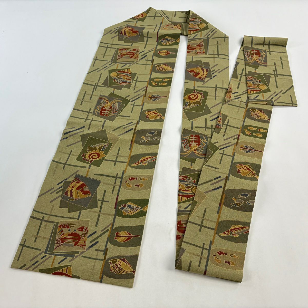 【美品】 名古屋帶 秀品級 色紙 魚 縮緬 灰綠 純蠶絲
