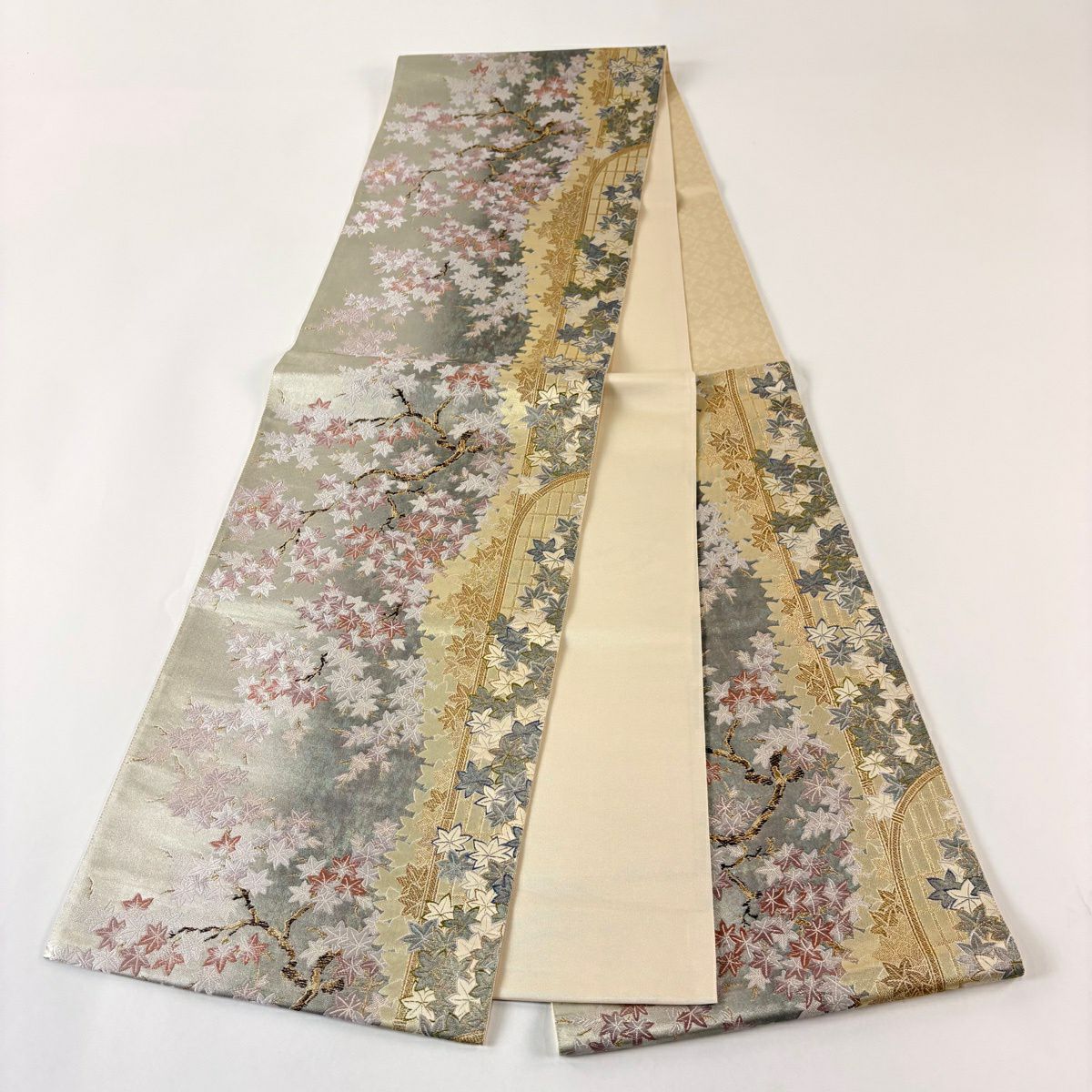 【美品】 袋帶 秀品級 紅葉 間垣 金絲 金金箔 灰綠 六通 純蠶絲
