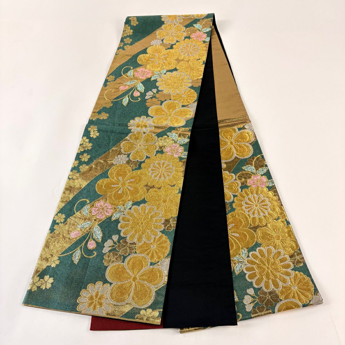 【美品】 袋帶 秀品級 草花紋紋 武 金銀彩 金金箔 綠 六通 純蠶絲