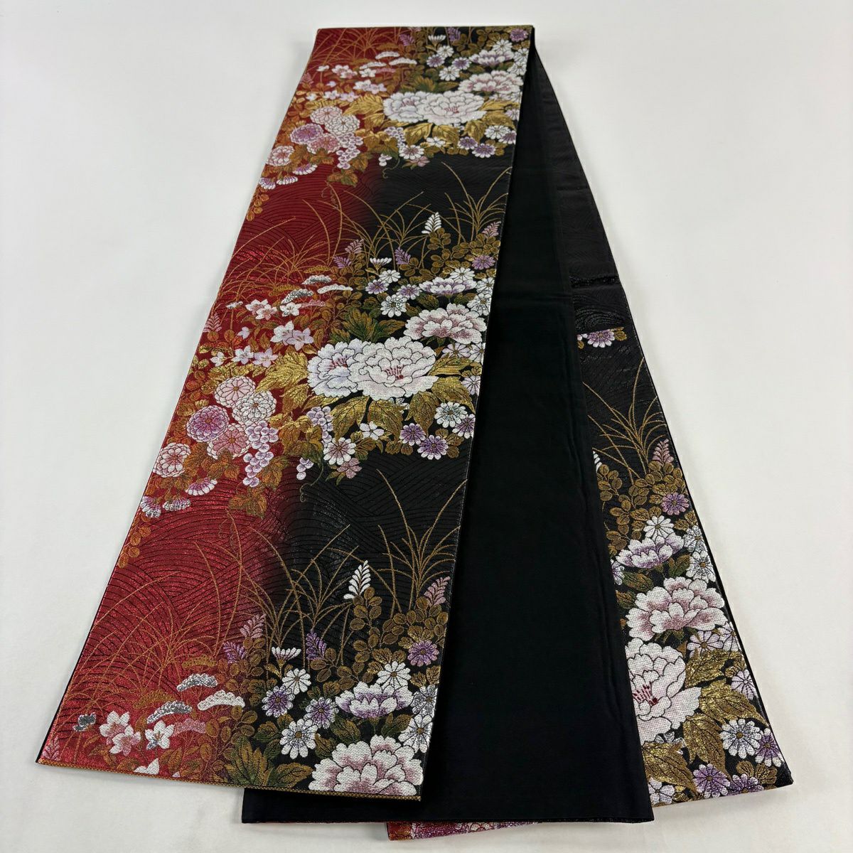 袋帶 秀品級 牡丹 秋草 刺繡 金金箔 紅 六通 純蠶絲
