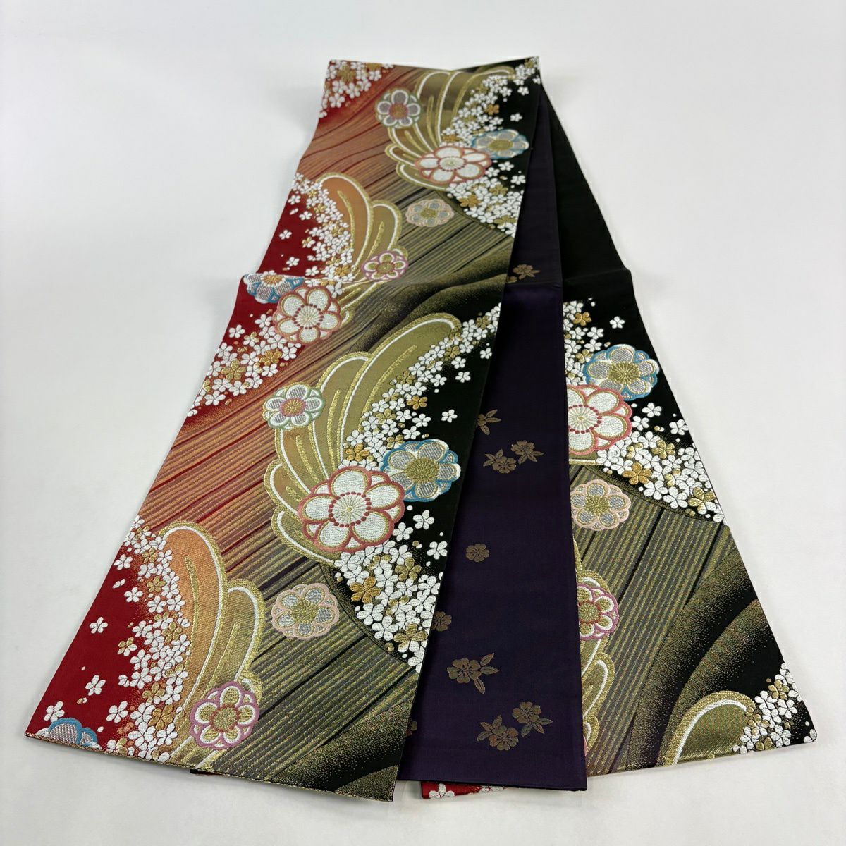 【美品】 袋帶 秀品級 花 縞 金銀彩 唐織 紅黑 六通 純蠶絲
