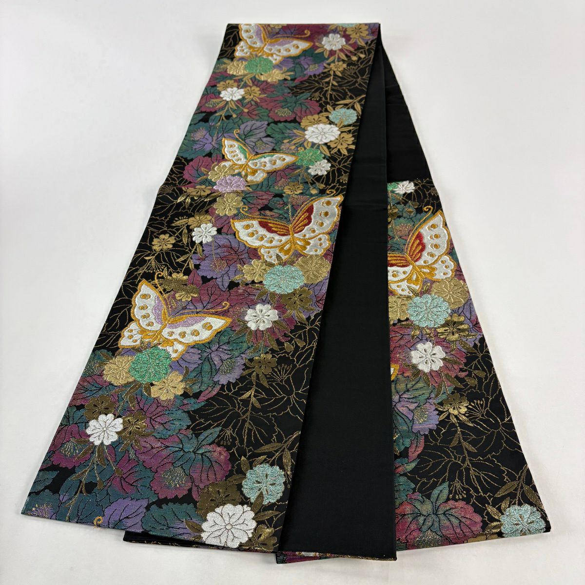 【美品】 袋帶 秀品級 草花紋紋 蝶 金銀彩 金金箔 黑 六通 純蠶絲