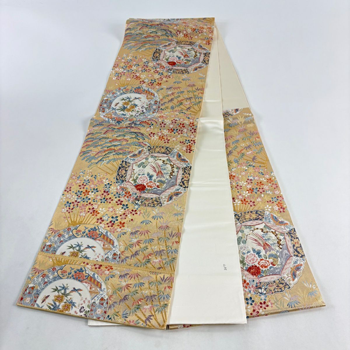 【美品】 袋帶 秀品級 關西仕立 松樹竹子梅花 鳥 金絲 金金箔 金色 六通 純蠶絲