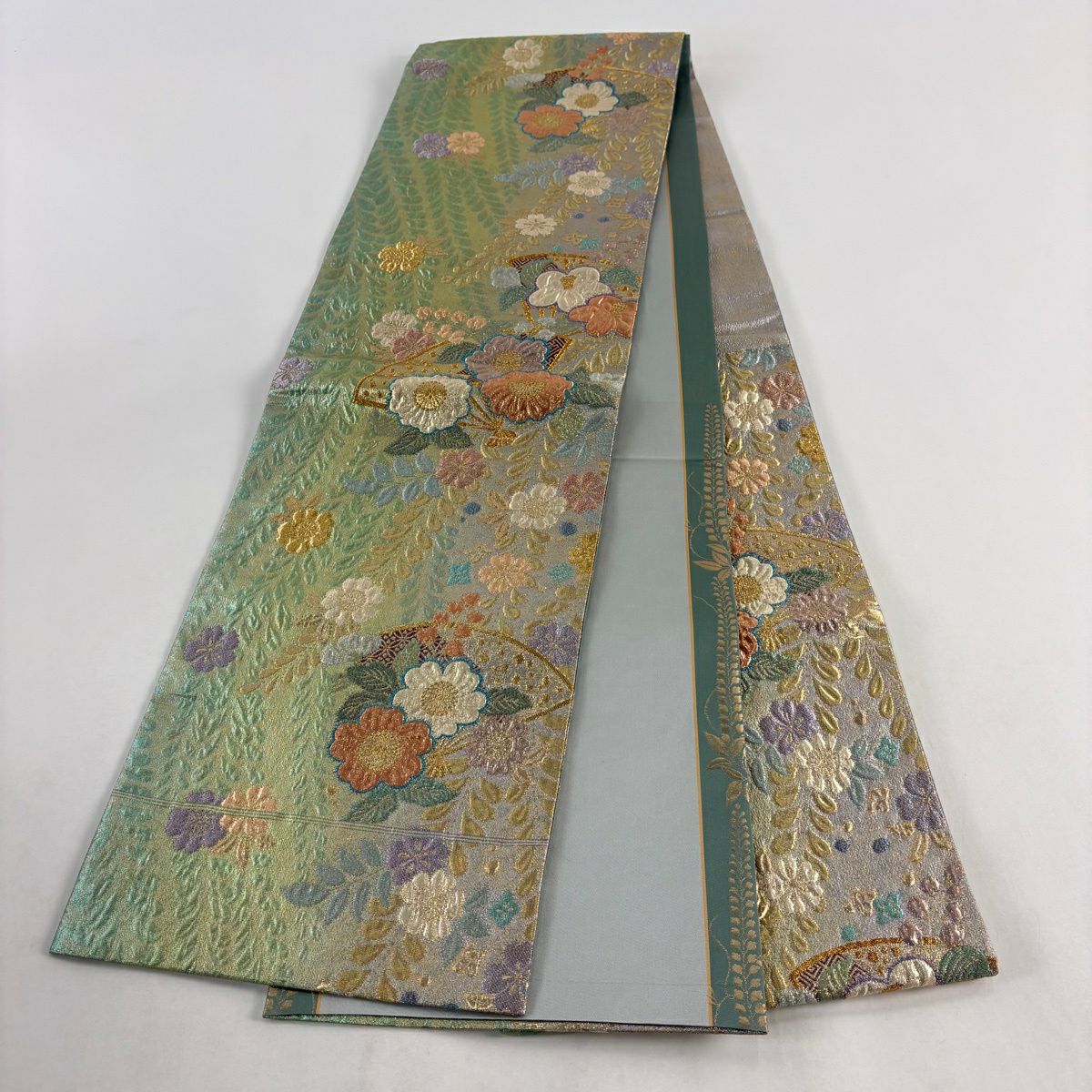 【美品】 袋帶 秀品級 草花紋紋 扇子形 金絲 金金箔 黃綠 六通 純蠶絲