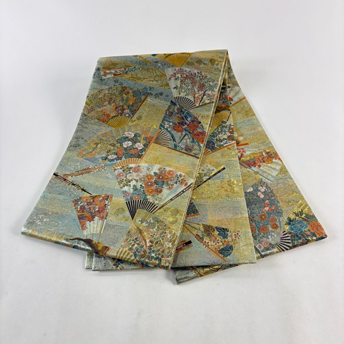 【美品】 袋帶 秀品級 琳派三十六華扇子 花鳥 金金箔 金絲 淺綠 お太鼓圖案 純蠶絲
