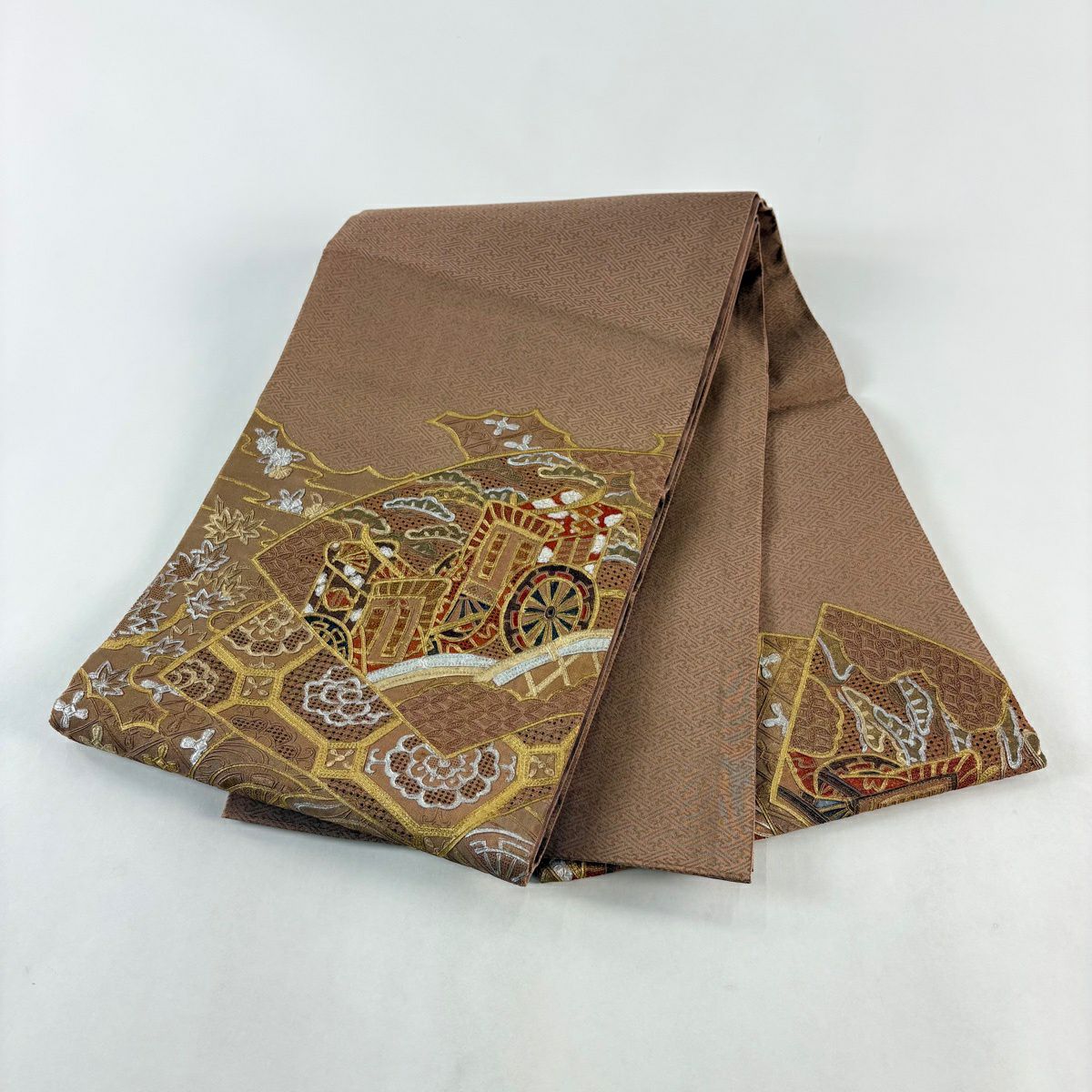 袋帶 秀品級 扇子面 御所車 刺繡 金銀彩 薄小豆 大鼓圖案 純蠶絲