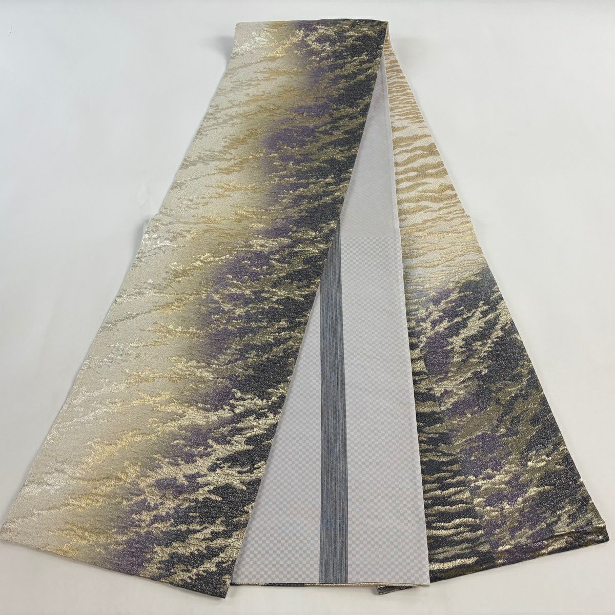 【美品】 袋帶 秀品級 霞 金銀糸 漸層 灰 深藍圖案 純蠶絲