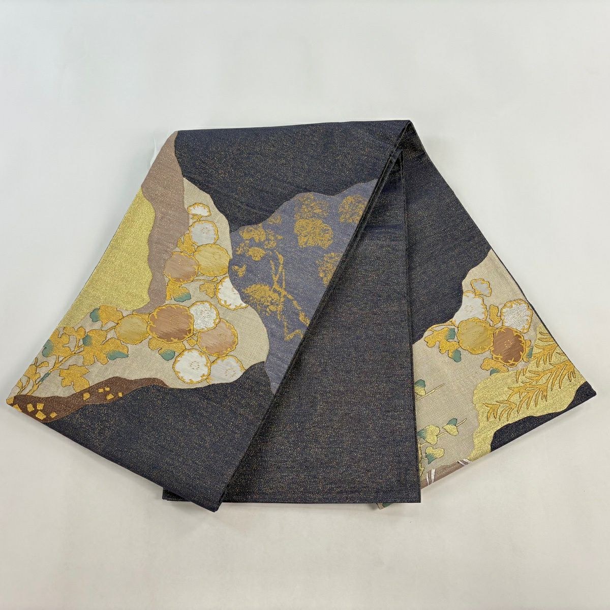 【美品】 袋帶 秀品級 萬壽菊花 蔦 金銀線 金金箔 灰紫 お太鼓圖案 純蠶絲