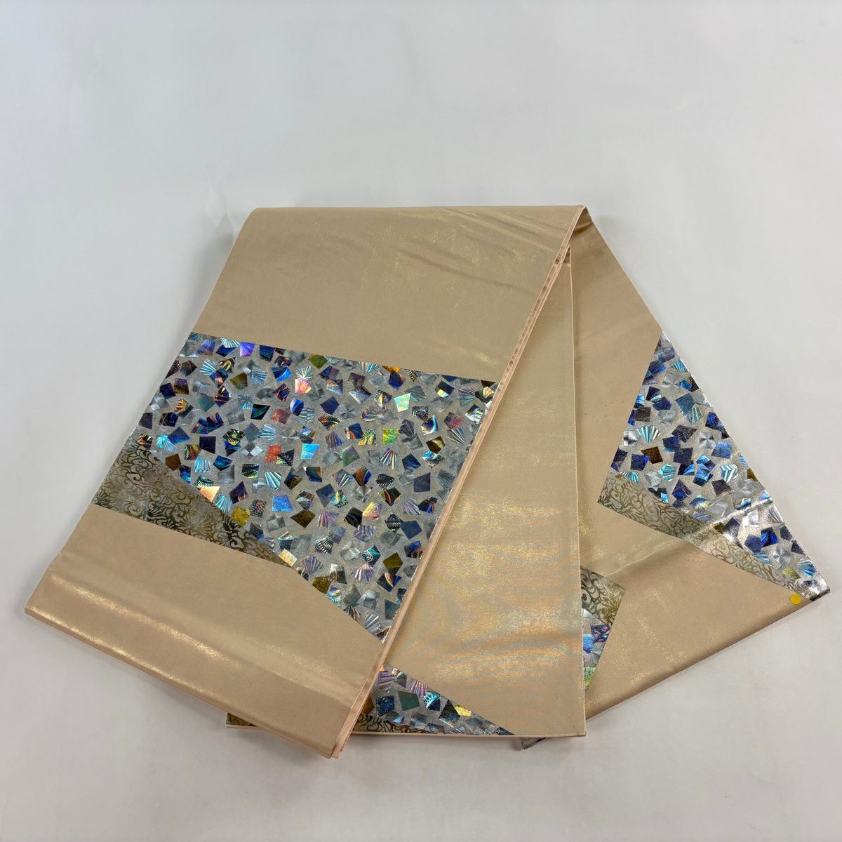 袋帶 秀品級 堀省平 落款あり 金銀彩 金金箔 草花紋紋 米色 大鼓紋 純蠶絲