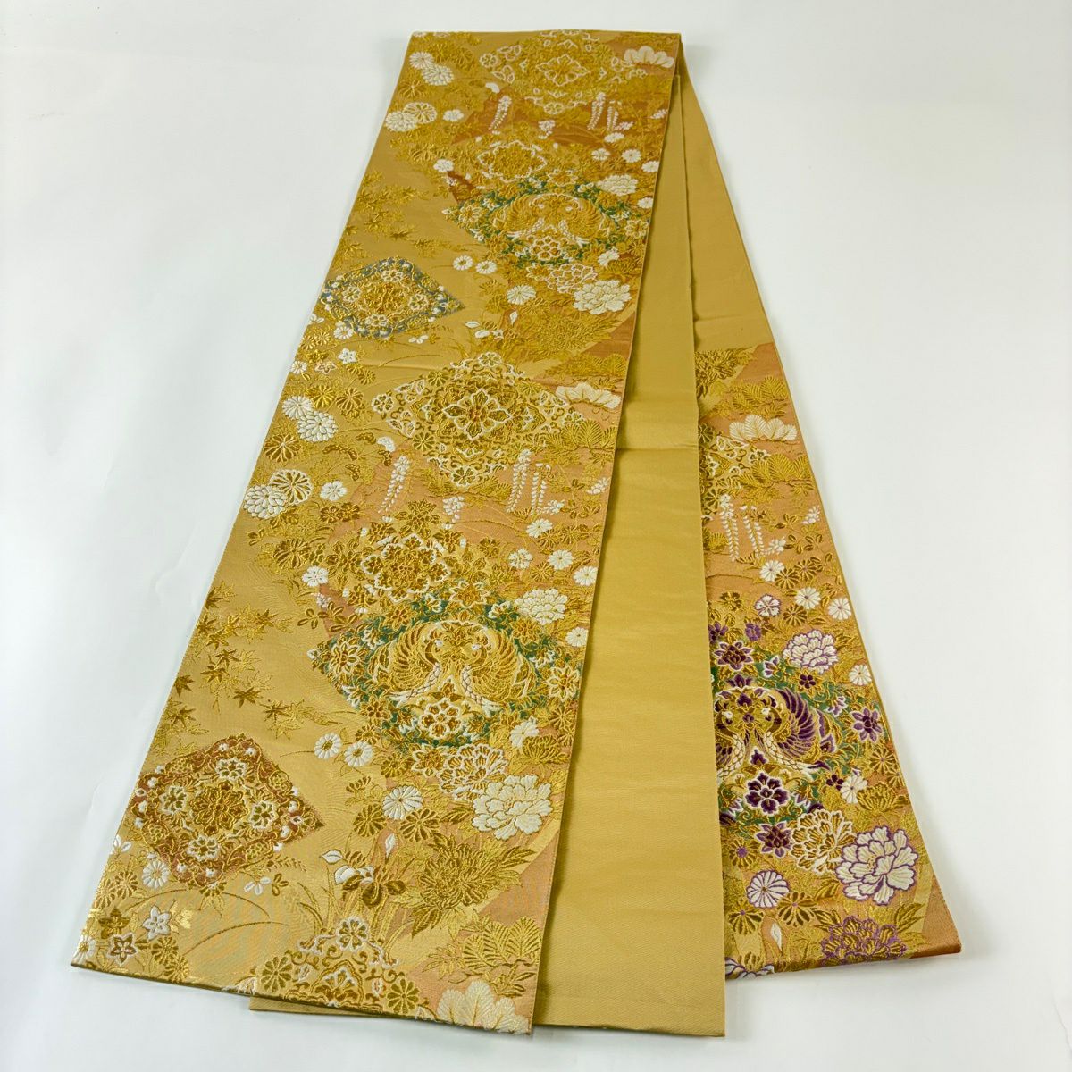 袋帶 逸品級 じゅらく 落款あり 証紙あり 鳳凰 草花紋刺繡 金線 米色 お太鼓柄 純蠶絲