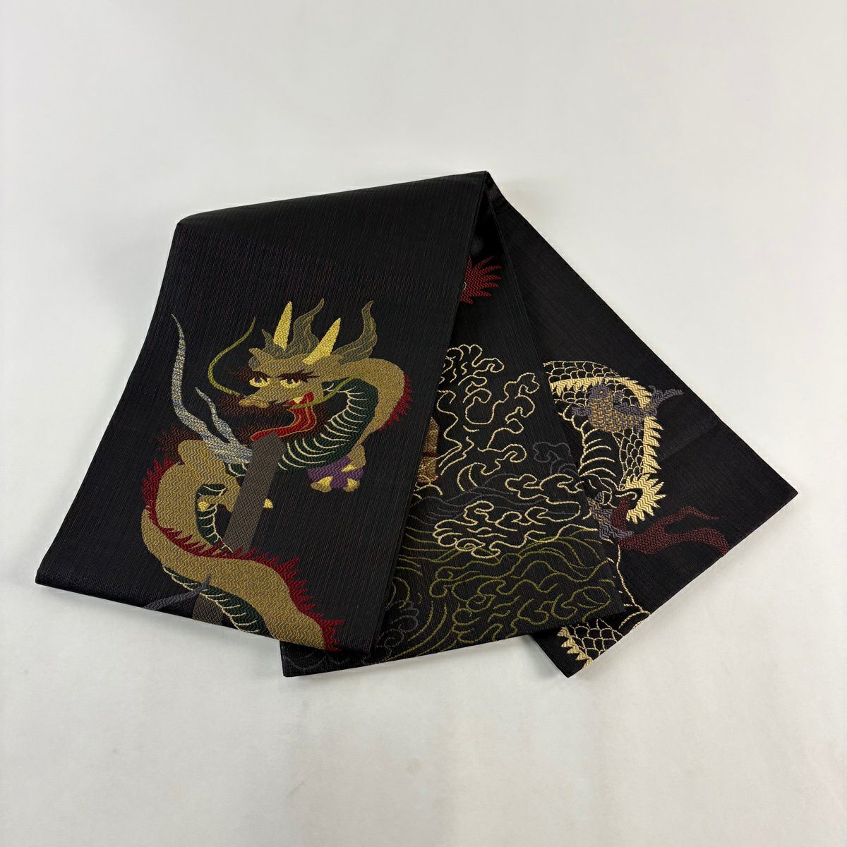 【美品】 袋帶 逸品級 龍 金糸 金金箔 墨 深色 お太鼓圖案 純蠶絲