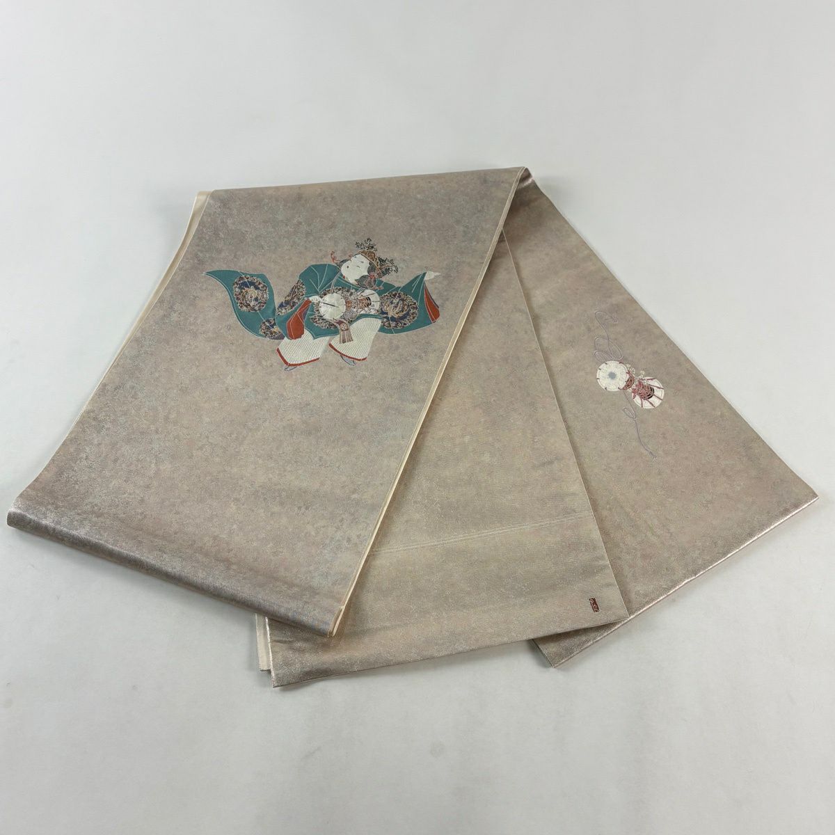 【美品】 袋帶 逸品級 由水十久監修 落款あり 人物 金金箔 灰櫻 お太鼓柄 純蠶絲