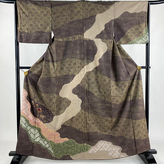 【庫存清倉】訪問服 身長163cm 袖長64cm M 雙層 扇子面 草花紋紋 金糸刺繡 灰紫 純蠶絲 美品 名品級