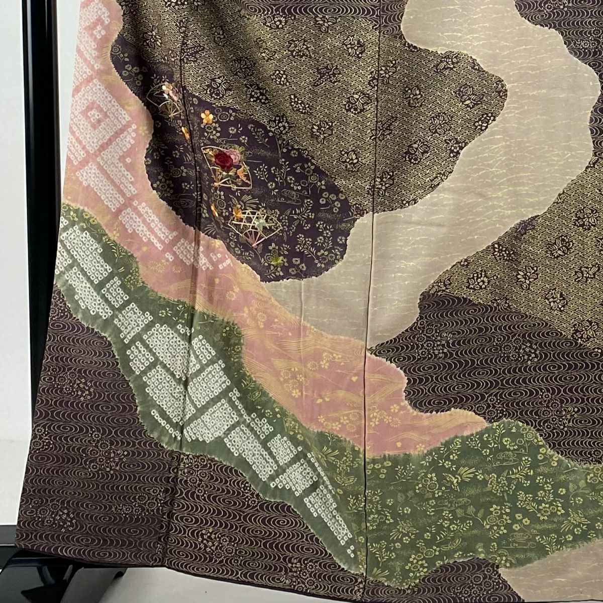 【庫存清倉】訪問服 身長163cm 袖長64cm M 雙層 扇子面 草花紋紋 金糸刺繡 灰紫 純蠶絲 美品 名品級