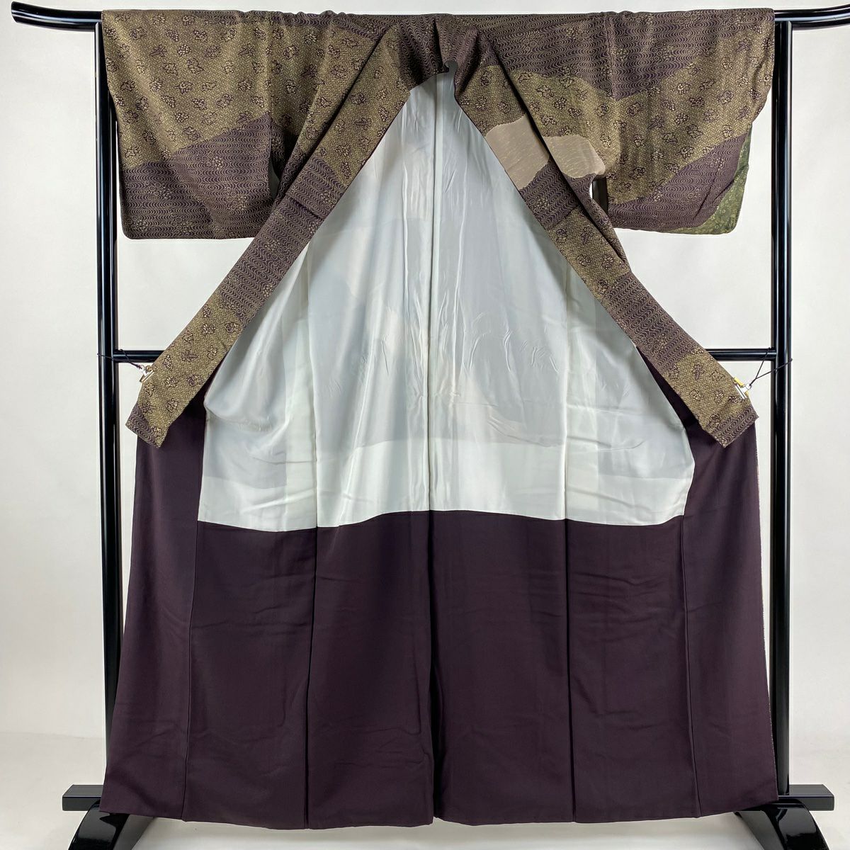 【庫存清倉】訪問服 身長163cm 袖長64cm M 雙層 扇子面 草花紋紋 金糸刺繡 灰紫 純蠶絲 美品 名品級