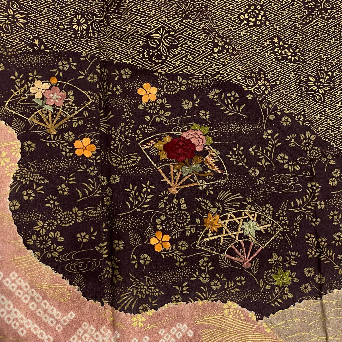 【庫存清倉】訪問服 身長163cm 袖長64cm M 雙層 扇子面 草花紋紋 金糸刺繡 灰紫 純蠶絲 美品 名品級