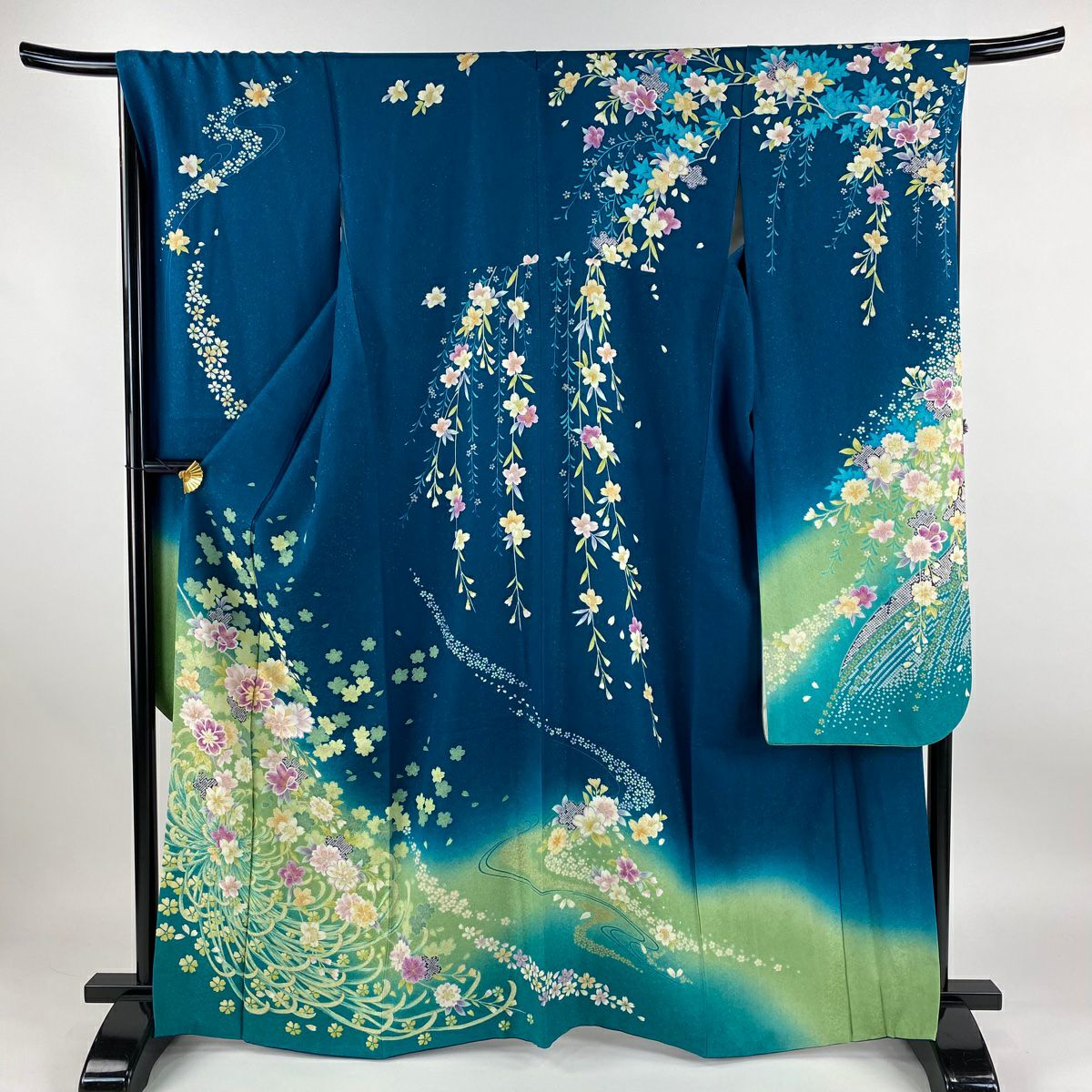 【清倉特賣】振袖禮服 身長166cm 袖長67.5cm L 雙層 櫻花 亂菊花 金絲 金通 青綠 純蠶絲 逸品級
