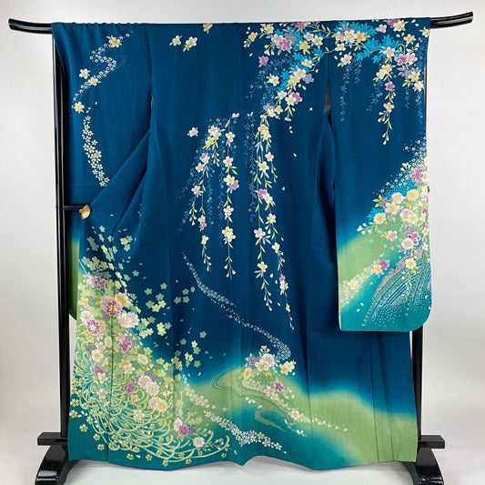 【清倉特賣】振袖禮服 身長166cm 袖長67.5cm L 雙層 櫻花 亂菊花 金絲 金通 青綠 純蠶絲 逸品級